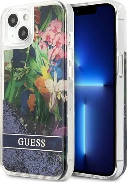 Mbështjellës Guess Flower Liquid Glitter për iPhone 13 mini 5.4", i fortë, Blu - 1