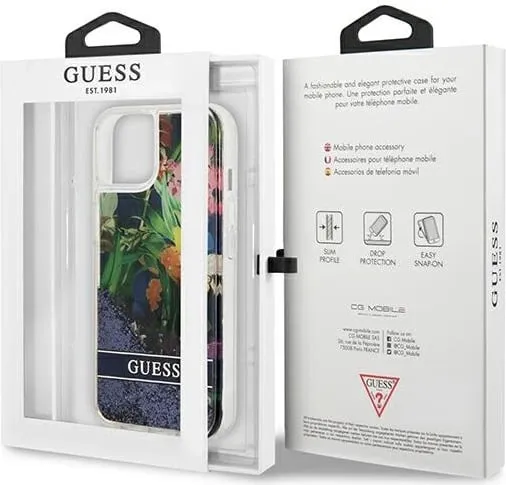Mbështjellës Guess Flower Liquid Glitter për iPhone 13 mini 5.4", i fortë, Blu - 2