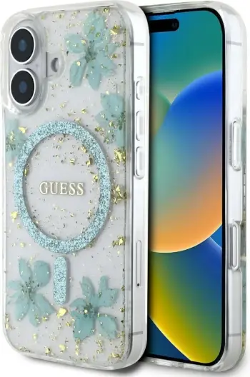 Mbështjellës Guess Resin Flowers Glitter MagSafe për iPhone 16 Pro, Transparent/Turkeze