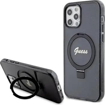 Mbështjellës Guess Ring Stand Script Glitter MagSafe për iPhone 12/12 Pro, i zi