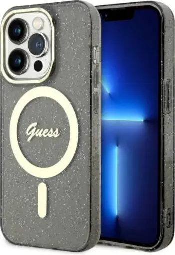 Mbështjellës Guess GUHMP14XHCMCGK për iPhone 14 Pro Max 6.7", Glitter Gold MagSafe, zi