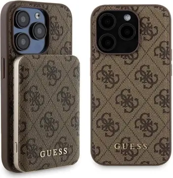 Mbështjellës Guess 4G Metal Logo me powerbank MagSafe 5000mAh për iPhone 15, Kafe, Set