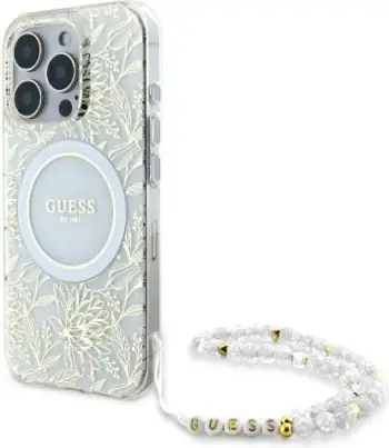 Mbështjellës Guess IML Flowers Allover Electro me rrip perlash MagSafe për iPhone 16 Pro, Bardhë