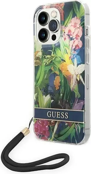 Mbulesë telefoni Guess Flower Strap për iPhone 14 Pro 6.1", hardcase, blu