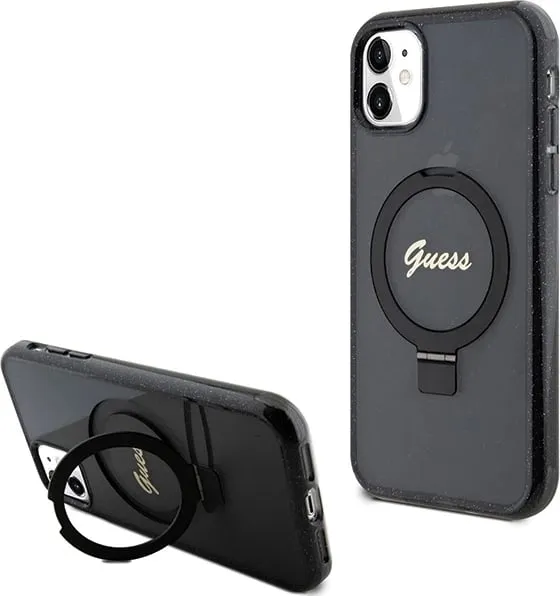 Mbështjellës Guess Ring Stand Script Glitter MagSafe për iPhone 11/XR, vjollcë - 1