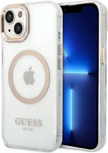 Futrollë për telefon Guess GUHMP14SHTRMD iPhone 14, 6.1", MagSafe, transparente me të artë