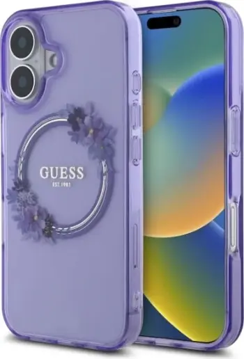 Mbështjellës Guess IML Flowers Wreath MagSafe për iPhone 16 Pro Max, Vjollcë