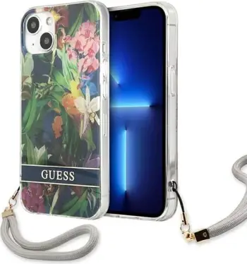 Mbështjellës Guess GUHCP13MHFLSB për iPhone 13 6.1", Flower Strap, Kaltër