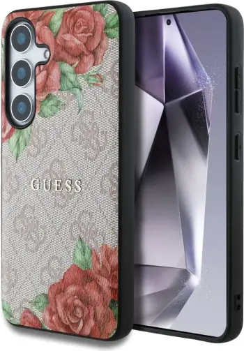 Mbështjellës Guess Leather 4G Flowers Print Metal Classic Logo MagSafe për Samsung Galaxy S25 Ultra, Rozë