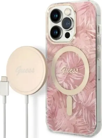 Set mbështjellës Guess Jungle Collection me karikues wireless MagSafe për iPhone 14 Pro 6.1", Gjelbër