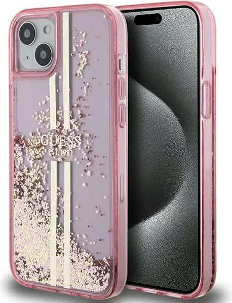 Mbështjellës Guess Liquid Glitter Gold Stripes për iPhone 15 Plus / 14 Plus, Rozë - 1