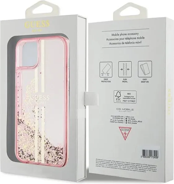 Mbështjellës Guess Liquid Glitter Gold Stripes për iPhone 15 Plus / 14 Plus, Rozë - 2