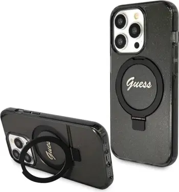 Mbështjellës Guess Ring Stand Script Glitter MagSafe për iPhone 13 Pro Max, i zi