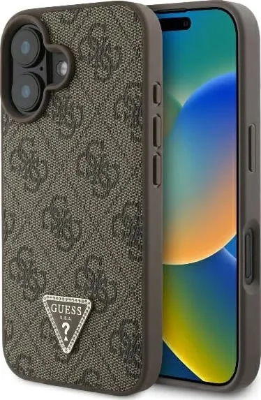 Mbështjellës Guess 4G Triangle Strass për iPhone 16 Plus, MagSafe, Kafe - 1