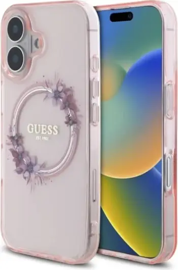 Mbështjellës Guess IML Flowers MagSafe për iPhone 16e, Rozë