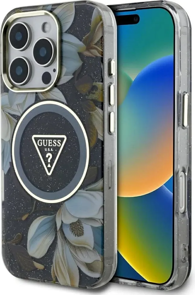 Mbështjellës Guess Glitter Flowers Triangle Buttons MagSafe për iPhone 16 Pro, i zi - 1
