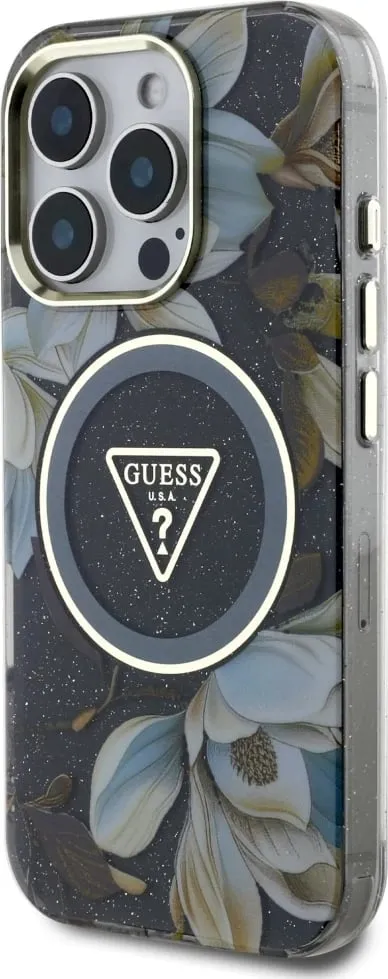 Mbështjellës Guess Glitter Flowers Triangle Buttons MagSafe për iPhone 16 Pro, i zi - 2