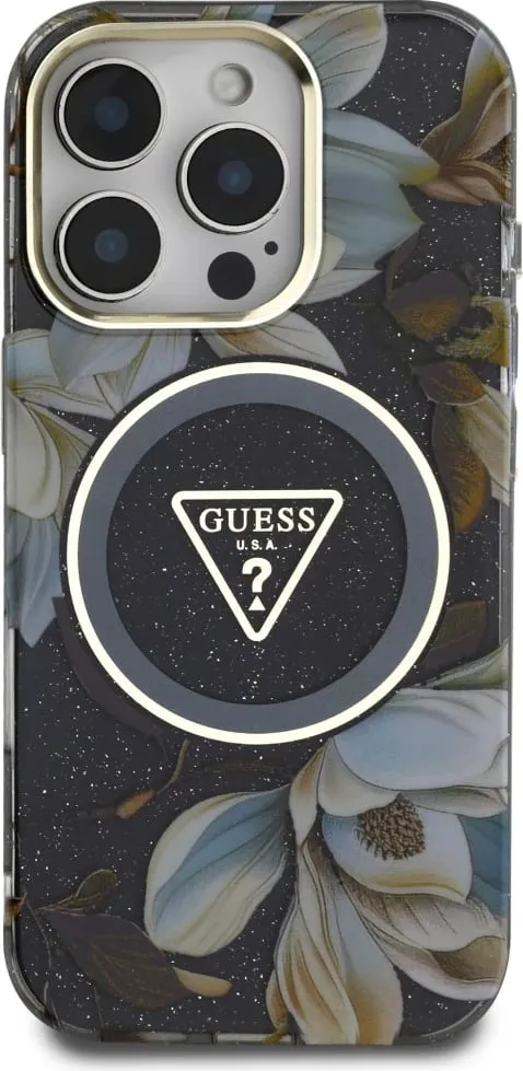 Mbështjellës Guess Glitter Flowers Triangle Buttons MagSafe për iPhone 16 Pro, i zi - 3