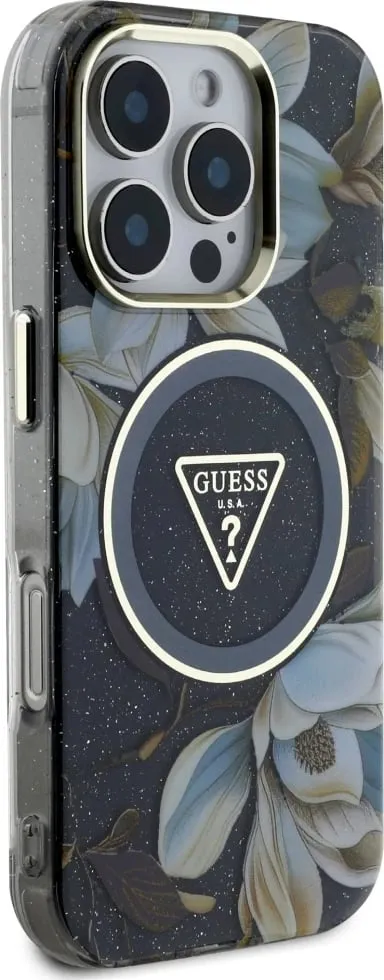 Mbështjellës Guess Glitter Flowers Triangle Buttons MagSafe për iPhone 16 Pro, i zi - 4