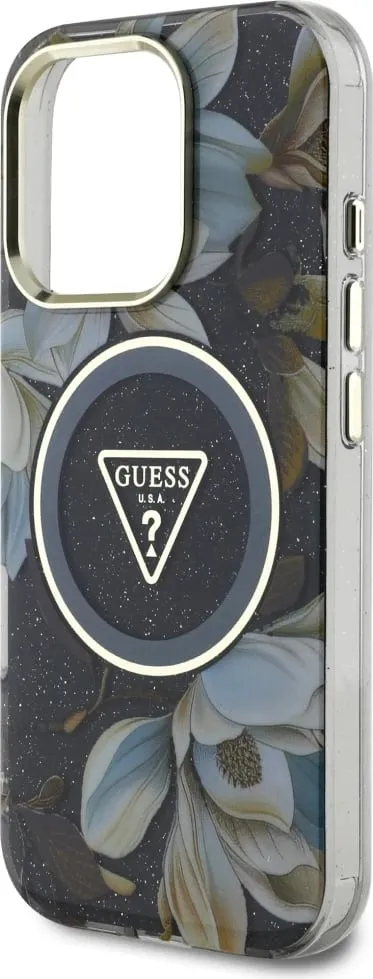 Mbështjellës Guess Glitter Flowers Triangle Buttons MagSafe për iPhone 16 Pro, i zi - 6