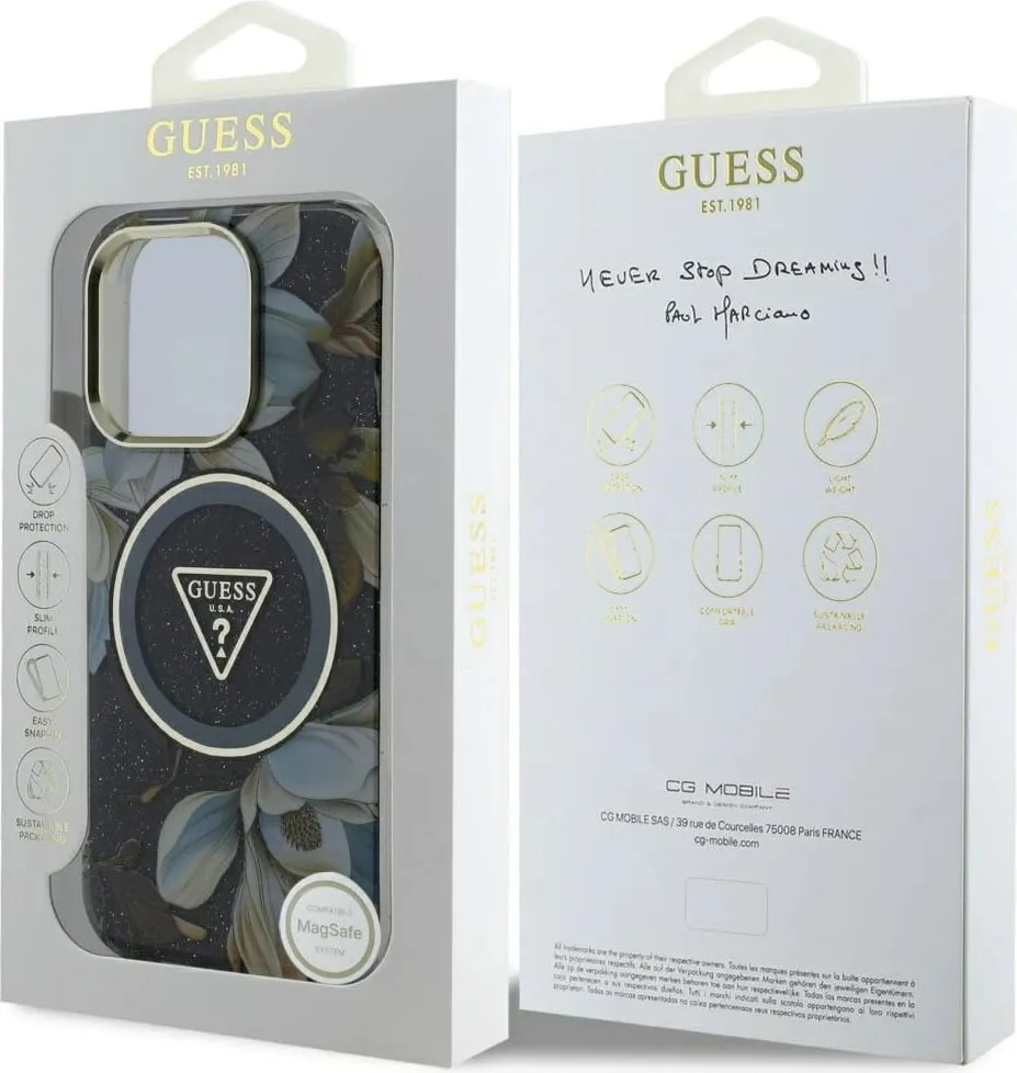 Mbështjellës Guess Glitter Flowers Triangle Buttons MagSafe për iPhone 16 Pro, i zi - 8