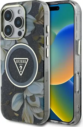 Mbështjellës Guess Glitter Flowers Triangle Buttons MagSafe për iPhone 16 Pro, i zi