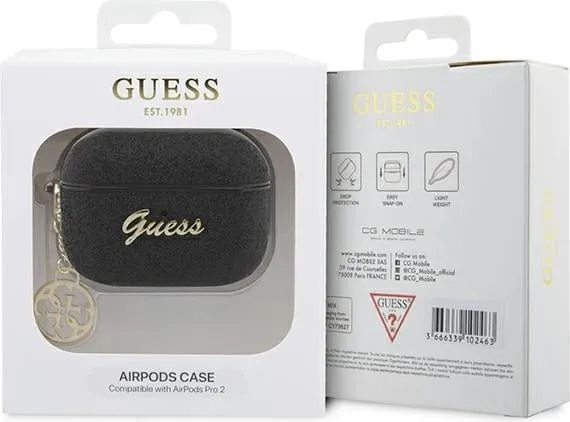 Mbështjellës Guess GUAP2GLGSHK për AirPods Pro 2, poliuretani, Glitter Flake 4G, i zi - 4