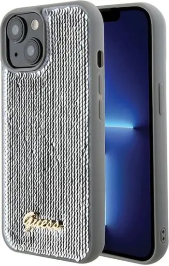 Mbështjellës Guess Sequin Script Metal për iPhone 15, vjollcë