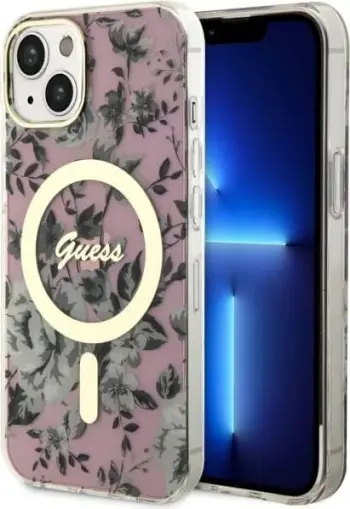 Mbështjellës Guess Flower MagSafe për iPhone 14, Rozë