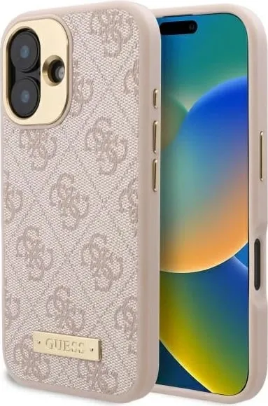 Mbështjellës Guess 4G Logo Plate MagSafe për iPhone 16 Plus, Rozë - 1
