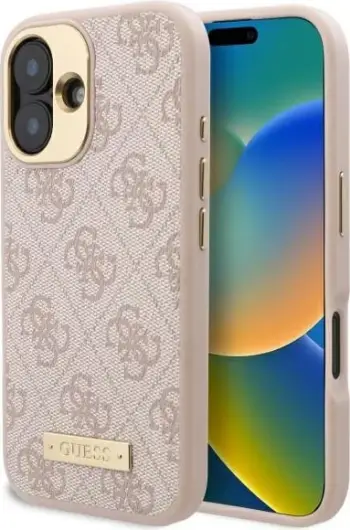 Mbështjellës Guess 4G Logo Plate MagSafe për iPhone 16 Plus, Rozë