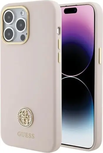 Mbështjellës Guess Silicone Logo Strass 4G për iPhone 15 Pro Max, Rozë