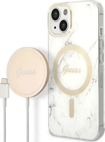 Mbështjellës Guess Marble me MagSafe dhe karikues wireless, për iPhone 14 Pro 6.1", Bardhë - 1