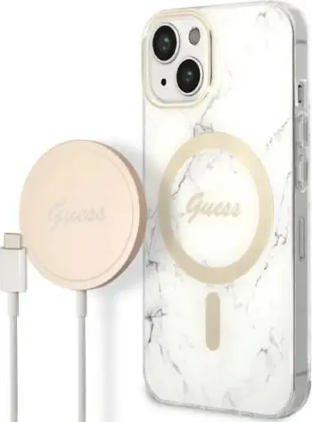 Mbështjellës Guess Marble me MagSafe dhe karikues wireless, për iPhone 14 Pro 6.1", Bardhë