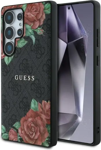 Mbështjellës Guess Leather 4G Flowers Print Metal Classic Logo MagSafe për Samsung Galaxy S25, Zi
