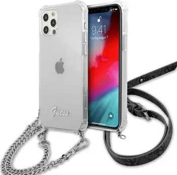 Mbështjellës Guess GUHCP12LKC4GSSI për iPhone 12 Pro Max 6.7", transparent, me zinxhir argjendi
