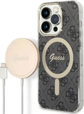 Set mbështjellës Guess GUBPP14LH4EACSK me karikues wireless për iPhone 14 Pro 6.1", 4G Print, MagSafe, zi