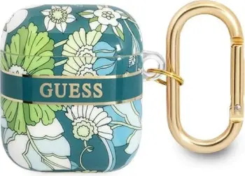 Mbulesë mbrojtëse Guess Flower Strap për AirPods, poliuretan, me rrip dekorativ, jeshile