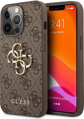 Mbështjellës Guess 4G Collection Leather Metal Logo MagSafe për iPhone 13 Pro Max, Kafe