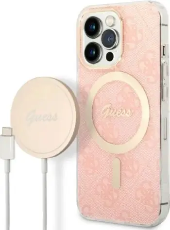 Set mbështjellës Guess GUBPP13XH4EACSP me karikues wireless për iPhone 13 Pro Max, rozë