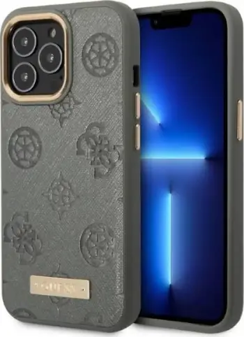 Mbështjellës Guess Peony Logo Plate për iPhone 13/13 Pro 6.1", MagSafe, Gri