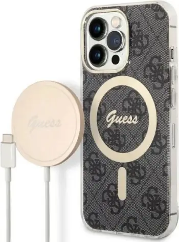 Set mbështjellës Guess GUBPP13XH4EACSK me karikues wireless për iPhone 13 Pro Max, 4G Print, i zi