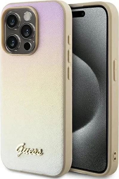 Mbështjellës Guess Saffiano Iridescent Script për iPhone 15 Pro, ari - 1