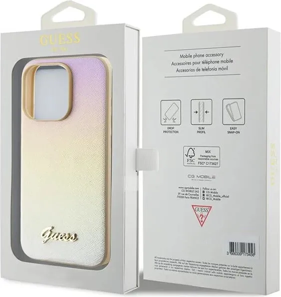 Mbështjellës Guess Saffiano Iridescent Script për iPhone 15 Pro, ari - 2