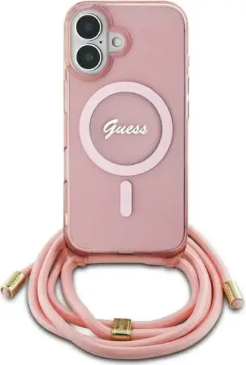 Mbështjellës Guess Crossbody Cord Script MagSafe për iPhone 16, i zi