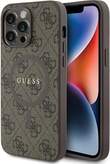 Mbështjellës Guess 4G Collection Leather Metal Logo MagSafe për iPhone 14 Pro, Kafe