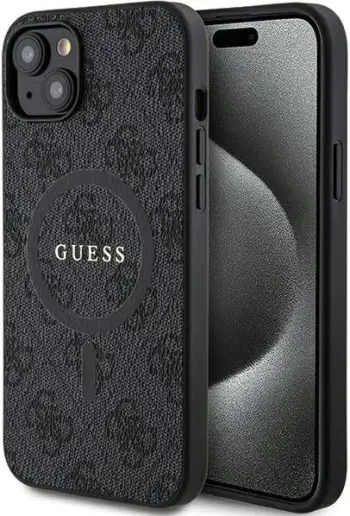 Mbështjellës Guess 4G Collection Leather Metal Logo MagSafe për iPhone 15/14/13, i zi
