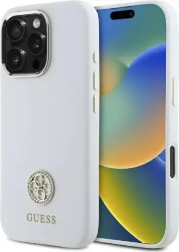 Mbështjellës Guess Silicone Logo Strass 4G për iPhone 16 Pro, Bardhë