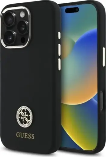 Mbështjellës Guess Silicone Logo Strass 4G për iPhone 16, i zi