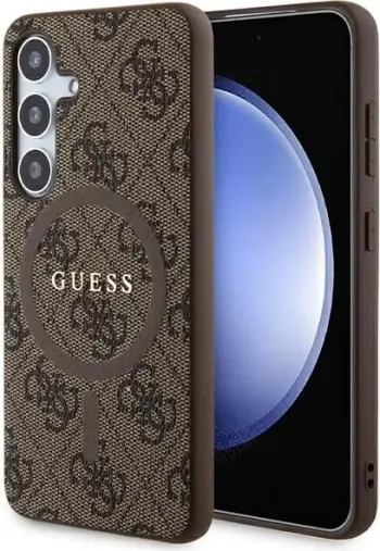 Mbështjellës Guess 4G Collection Leather Metal Logo MagSafe për Samsung Galaxy S24+, kafe